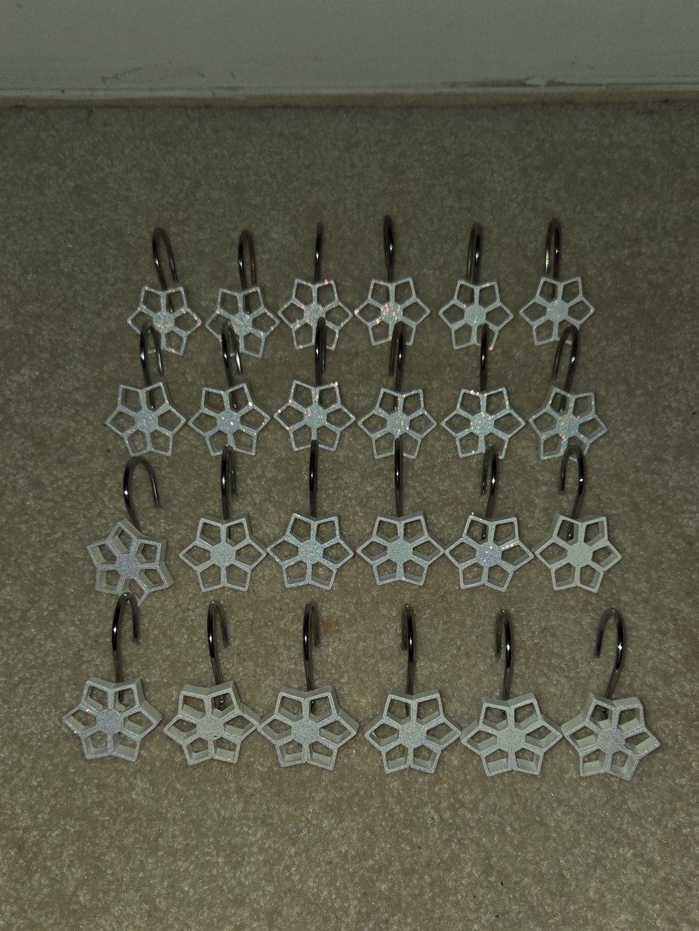 Set of White Snowflake Shower Curtain Hooks - 24 Pack
